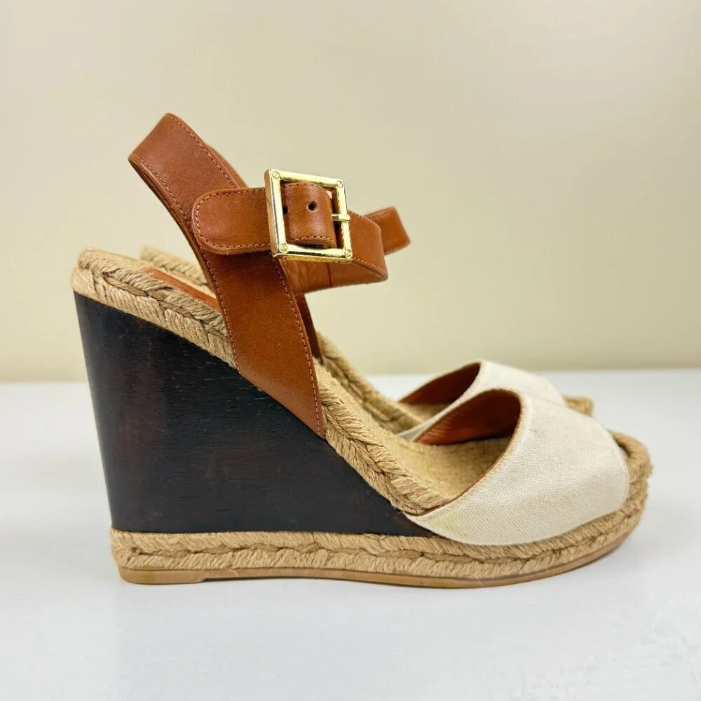 Tory Burch Espadrille Wedge Sandals White Canvas Toe Brown Leather Ankle Strap